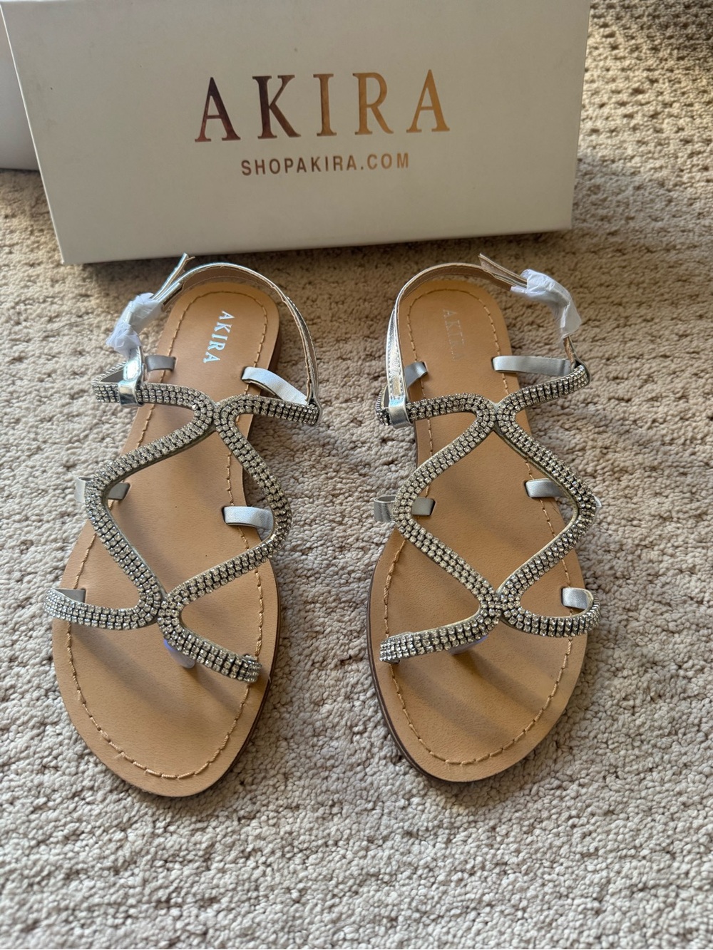 AKIRA Silver Rhinestone Strappy Flat Sandals